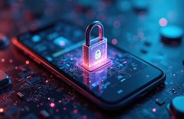 Smartphone with glowing padlock symbol on circuit board, represents digital safety, data protection, and mobile device security. Abstract tech concept for privacy and access control.