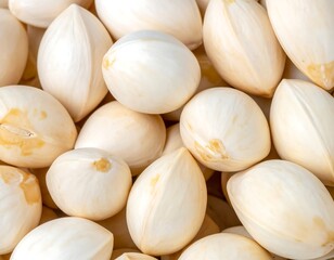 Close-up of pale-colored, shelled nuts, tightly packed