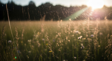 Spiderweb in a field at sunset with lens flare and blurred background