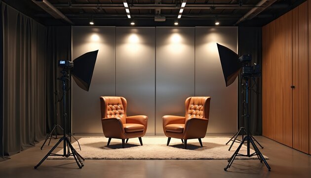 Studio interior setup for interviews or podcasting sessions. Two leather armchairs are positioned on fluffy carpet. Pro lighting equipment with softboxes is set up for photography or video recording.