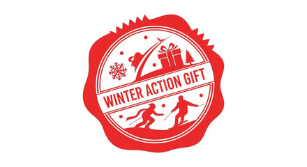 Festive red wax seal stamp design with winter sports gifts and snowflakes for holiday promotions