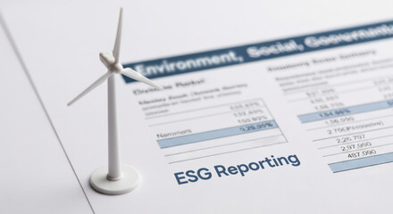 Wind turbine model sits on paper about ESG financial reporting demonstrating corporate network commitment to environmental social and governance standards for hopeful future