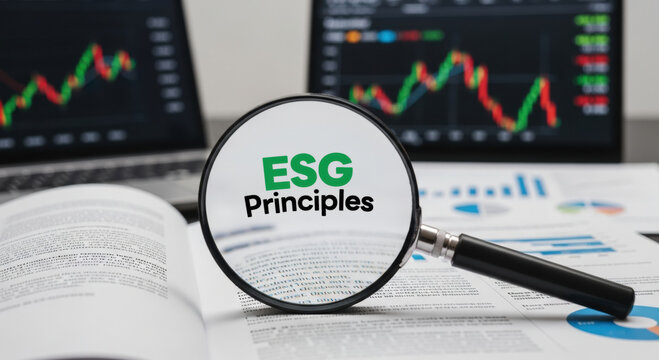 Focused on esg principles for financial reporting magnifying glass examines document with stock market charts and business network background for corporate analysis - Powered by Adobe