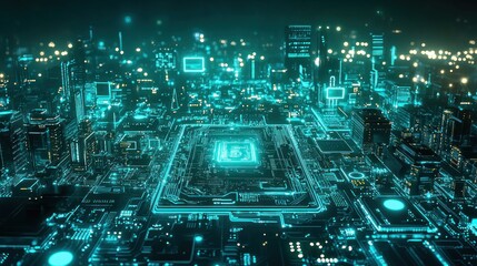 Futuristic city integrated with circuit board, glowing turquoise lights everywhere
