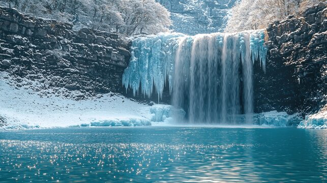 Frozen waterfall spills into blue lake, winter landscape, snow-covered rocks - Powered by Adobe