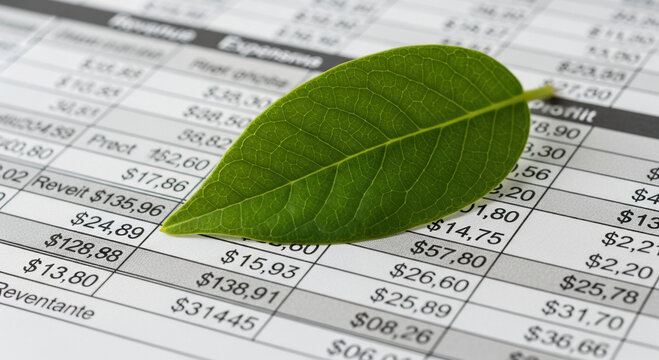 Green leaf on financial statement symbolizes sustainable business growth. This ESG reporting through global network shows commitment to environment and investment - Powered by Adobe