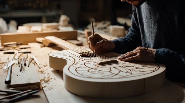 Crafting Harmony: A skilled artisan meticulously etches intricate designs onto the wooden surface of a guitar, showcasing precision and passion in their craft.