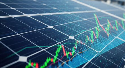 Solar panel energy stock market investment shows positive financial esg reporting on global network. graph and chart shows business growth and clean power technology