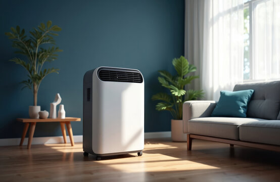 Portable air conditioner sits in modern living room interior. Device provides cool ventilation within domestic space. Illustration depicts efficient cooling solution for comfortable home environment.