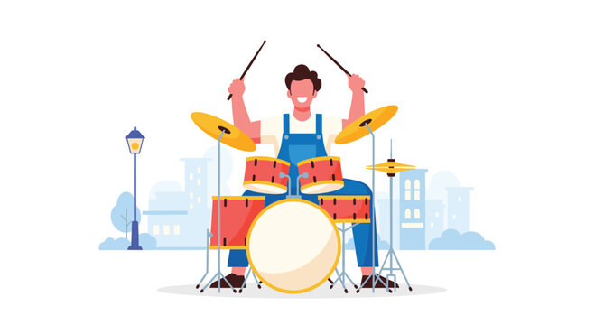 Energetic drummer enthusiastically plays a vibrant drum set with city skyline background