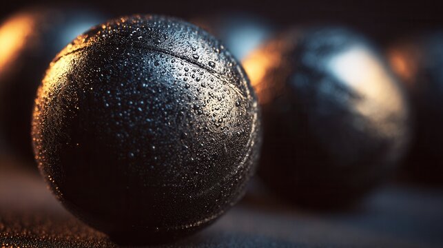 Close-up of shiny black medicine balls with moisture and warm lighting, symbolizing strength, endurance, and gym training intensity, realistic textures, dramatic lighting, modern sports photograph