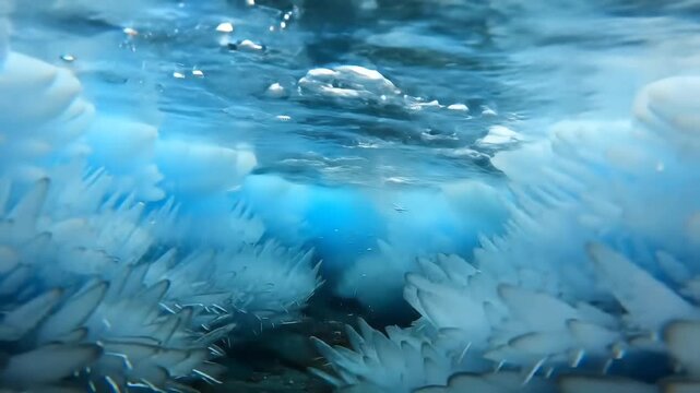 Underwater view of powerful blue jets of water creating turbulent bubbles and currents in a swimming pool or hot tub showcasing dynamic liquid movement and abstract aquatic patterns.