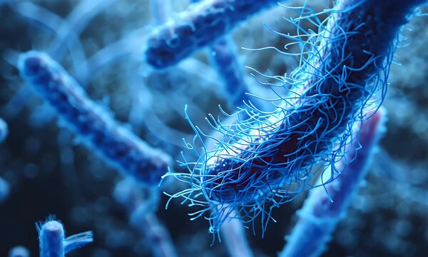 Microscopic view of rod shaped blue bacteria with textured surfaces floating in a fluid environment with smaller particles visible in the background representing cellular life and biological processes