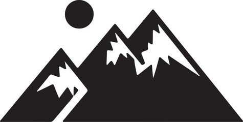 Three mountain peaks with snow and a red sun
