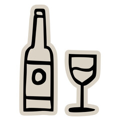 Hand-drawn Scrapbook doodle of wine bottle and glass, minimal beige sticker vector for celebration, party, bar, alcohol, cheers, drinking, event, restaurant, and beverage menu design