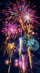 Spectacular colorful fireworks display exploding in night sky, vibrant celebration background