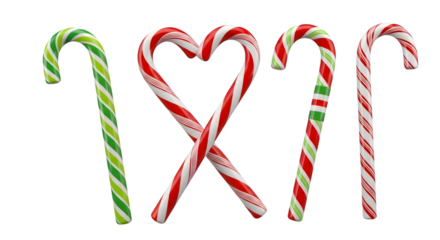 A collection of five candy canes, with two forming a heart shape, isolated on a transparent background
