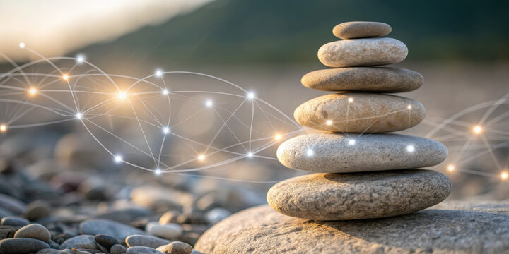 Calm stone balance and stability symbol for ESG financial reporting. Technology and nature show global network connection for sustainability and corporate responsibility growth