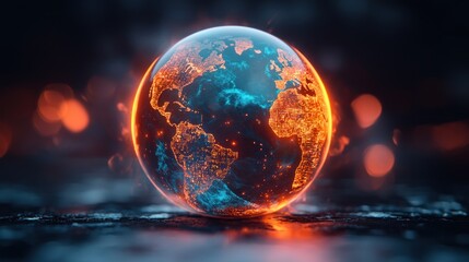 Glowing earth globe with orange continents and blue oceans, set on dark surface