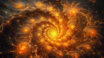Golden spiral fractal with glowing orbs, radiating from a bright center