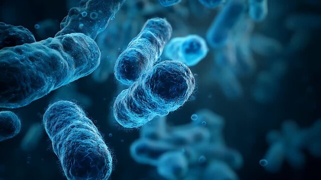 Microscopic view of rod shaped bacteria with textured surfaces and small spherical particles floating in a dark blue blurred background illustrating cellular structures and biological forms
