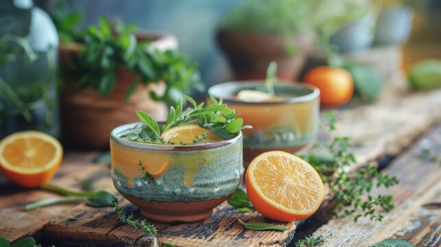 A refreshing drink with citrus and herbs served in decorative ceramic cups nearby