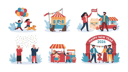 Obraz premium Festive 2026 Celebration: A colorful illustration captures the joy and excitement of welcoming 2026 with families enjoying various festive activities.