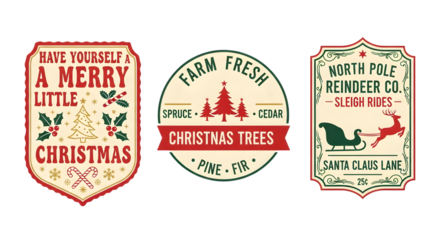 Collection of three vintage christmas signs with festive holiday designs