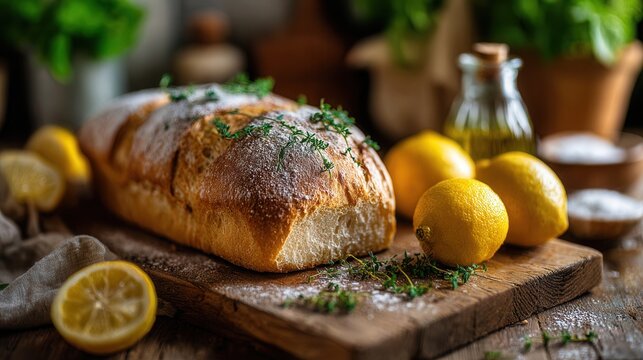 Freshly baked loaf of bread with lemons and herbs on a wooden board, evoking freshness and rustic comfort, realistic textures, warm natural lighting, cozy farmhouse kitchen style.