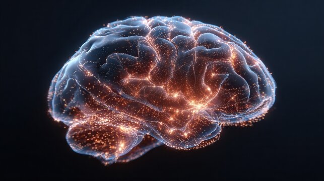 Glowing holographic brain with neural circuits, symbolizing artificial intelligence, neuroscience, and data processing, futuristic lighting, digital glow effects, high detail.