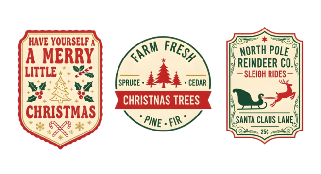 Collection of three vintage christmas signs with festive holiday designs