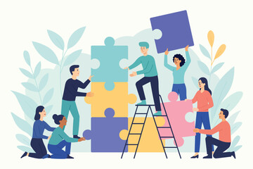 A modern flat vector illustration showing a diverse team of people assembling large jigsaw puzzle pieces together, symbolizing teamwork, collaboration, and problem-solving.