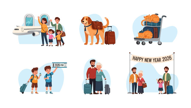 Seamless Journey of Travel and Family: A vibrant collection of travel themed illustration showcases heartwarming moments of family adventures. from the initial boarding to the joyous reunions.