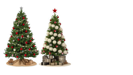 Festive pair of Christmas trees adorned with ornaments and gifts on a transparent background