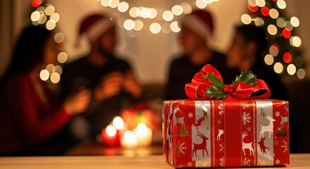 Festive Christmas gift box with red ribbon and holly, featuring reindeer and snowflake patterns, in focus with blurred holiday party and bokeh lights in the background