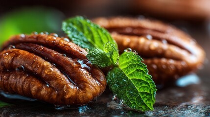 Obraz premium Macro shot of glossy pecans with water droplets and mint leaves, symbolizing freshness, healthy food, and natural ingredients, realistic textures, bright natural lighting, shallow depth of field.