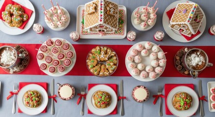 Festive holiday dessert table featuring gingerbread houses, cookies, and sweet treats arranged beautifully with red accents, creating a joyful and inviting atmosphere for celebrations