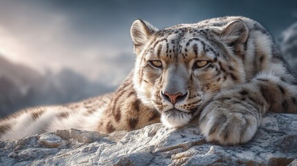 Fototapeta premium Majestic snow leopard resting in a mountain landscape, highlighting wildlife beauty, strength, and conservation themes, realistic textures, soft natural lighting, cinematic composition, high detail