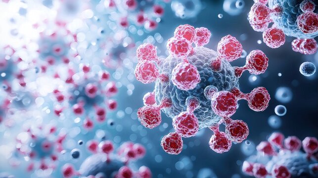 Microscopic view cells with red protrusions against blue backdrop