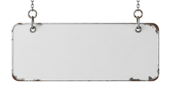 A blank, white, rectangular metal sign with distressed edges, hanging from two metal chains against a transparent background, ready for custom text or graphics