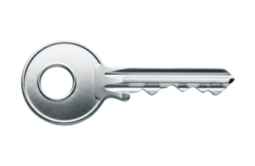A single silver key with a circular head and a serrated bit, isolated on a transparent background
