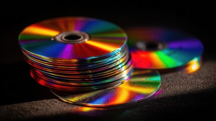 Fototapeta premium Pile of compact discs reflecting vivid rainbow colors under dramatic lighting, realistic textures, cinematic shadows, high contrast, modern product photography style, shallow depth of field.