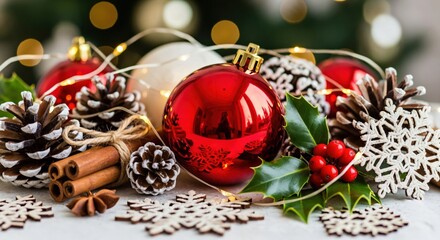 Festive Christmas holiday decoration display with red ornaments, natural pinecones, holly, cinnamon sticks, and wooden snowflakes on a white surface with bokeh lights