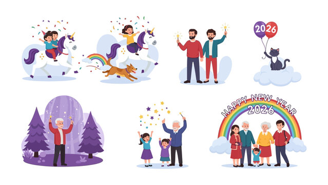 Celebration of Diversity and joy: a colorful illustration featuring various scenarios and people celebrating in different ways. Showing joyful gathering and celebration of milestones