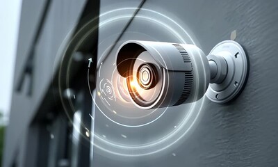 Modern surveillance camera with futuristic digital interface overlay showing data streams and security monitoring technology for advanced monitoring and protection systems - Powered by Adobe
