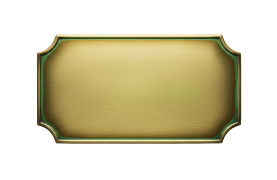 A rectangular brass plaque with a decorative, curved border, isolated on a plain transparent background