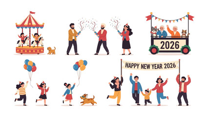 New Year Celebration 2026: Lively illustration of new year celebration, capturing the joy, festive cheer and unity of new year 2026.