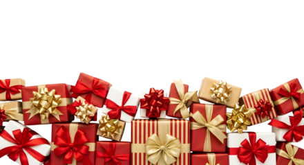 A dense arrangement of red and gold gift boxes with ribbons and bows, forming a festive border at the bottom