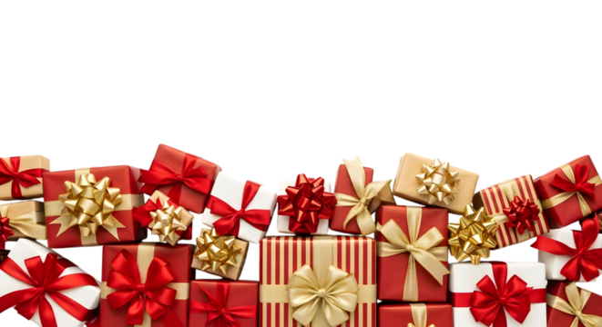 A dense arrangement of red and gold gift boxes with ribbons and bows, forming a festive border at the bottom