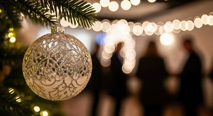Elegant silver Christmas bauble with intricate glitter design hanging on a green fir tree branch, with warm blurred bokeh lights and people celebrating in the background